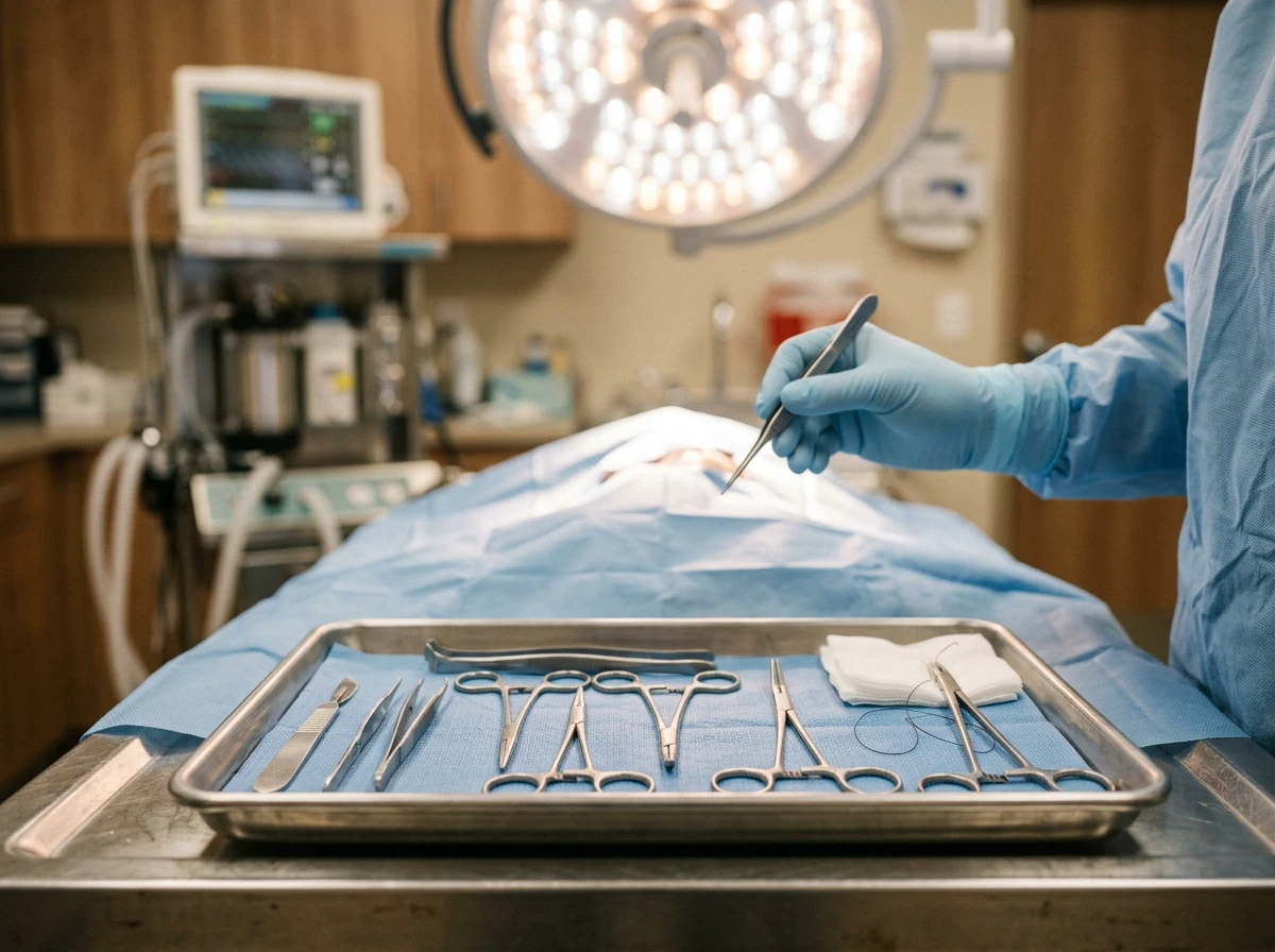 Surgical instrument tray prepared in a sterile veterinary surgical suite