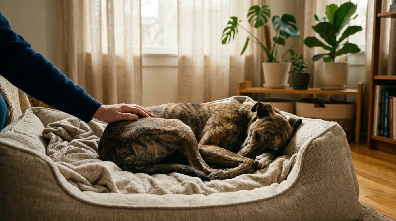 Home recovery poster: dog resting on a soft bed in a sunlit living room